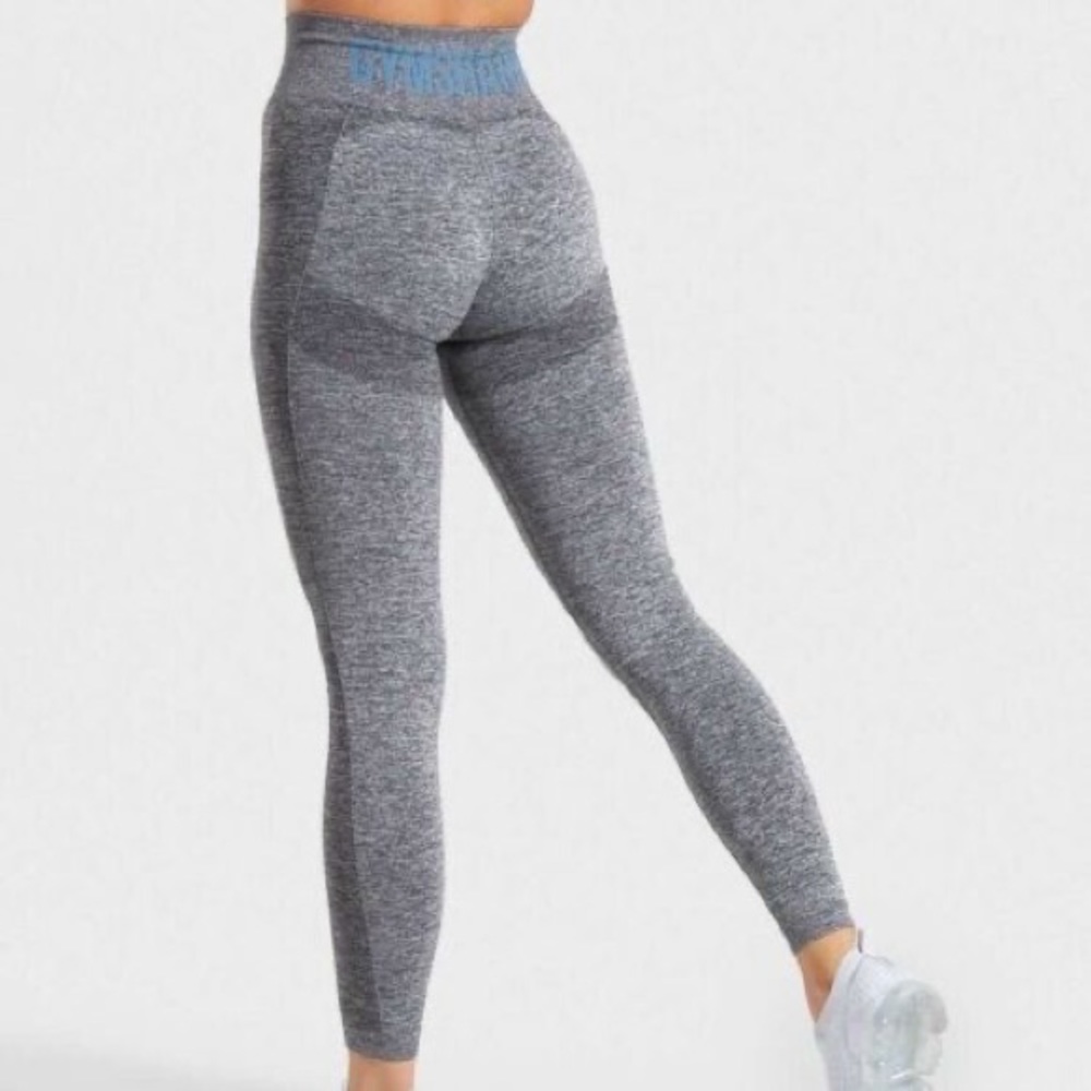 Grey Gymshark high waisted leggings with blue lettering size small
